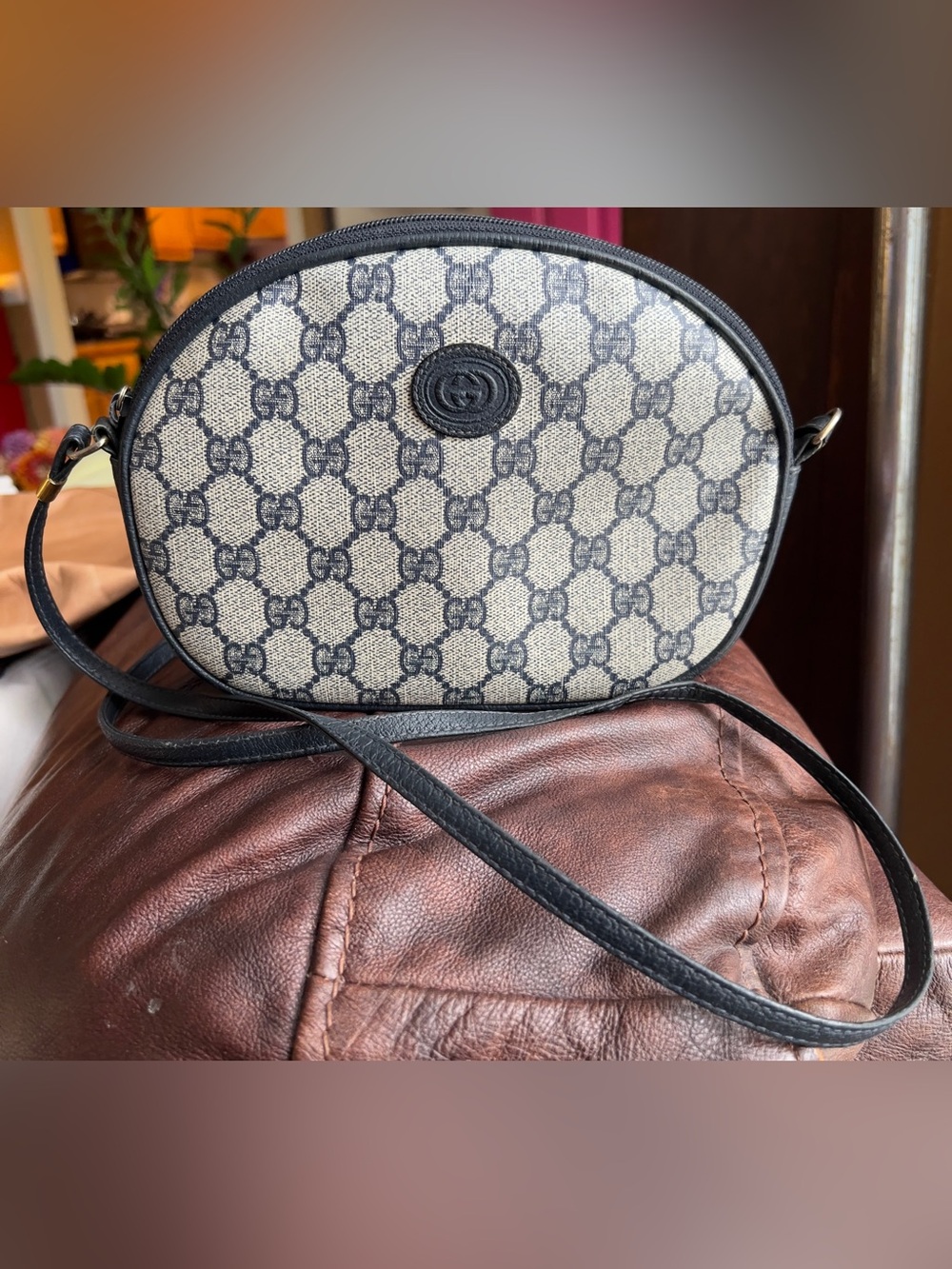 Vintage Gucci Navy GG Canvas Half Moon/Oval Crossbody Bag